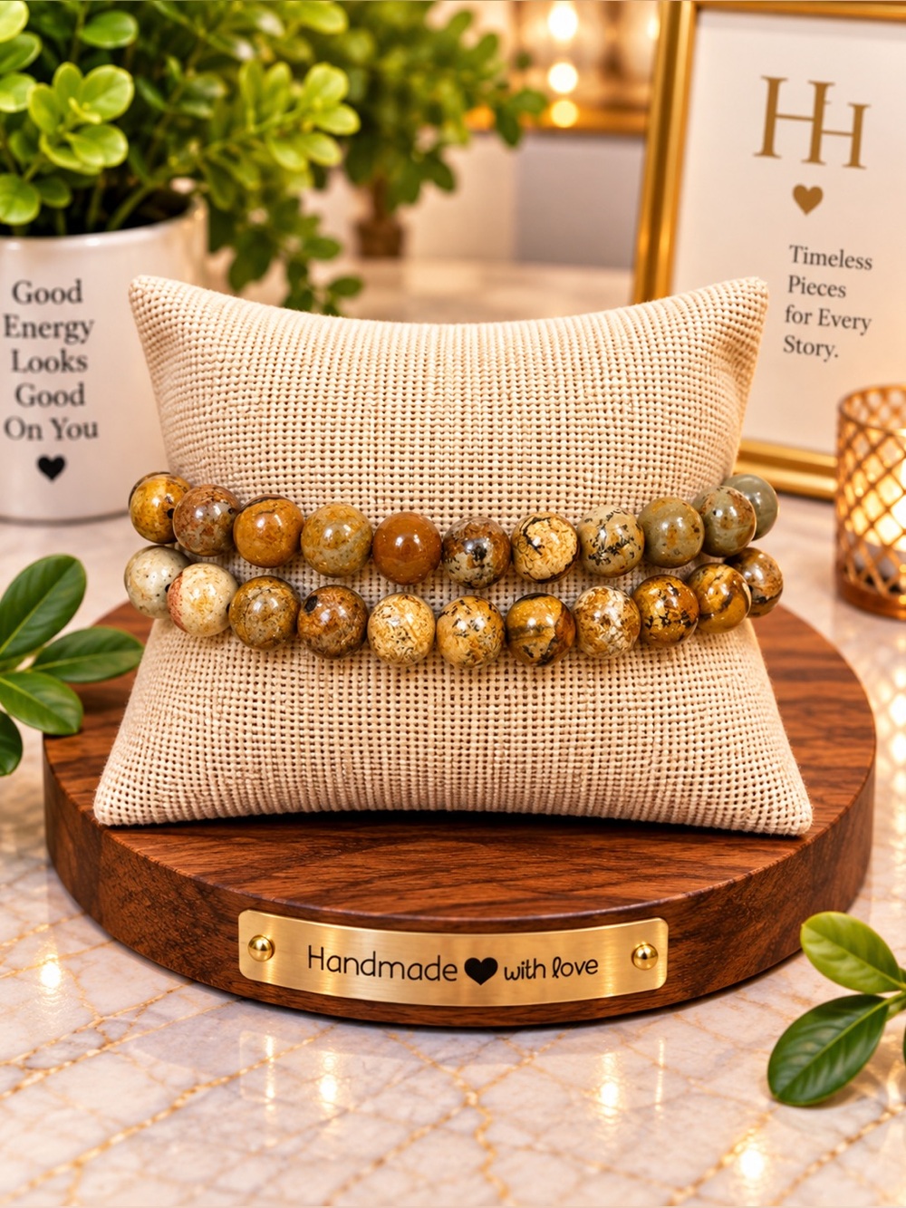 NEW! Natural Brown Jasper Beaded Stretch Bracelet Set | ~7”
